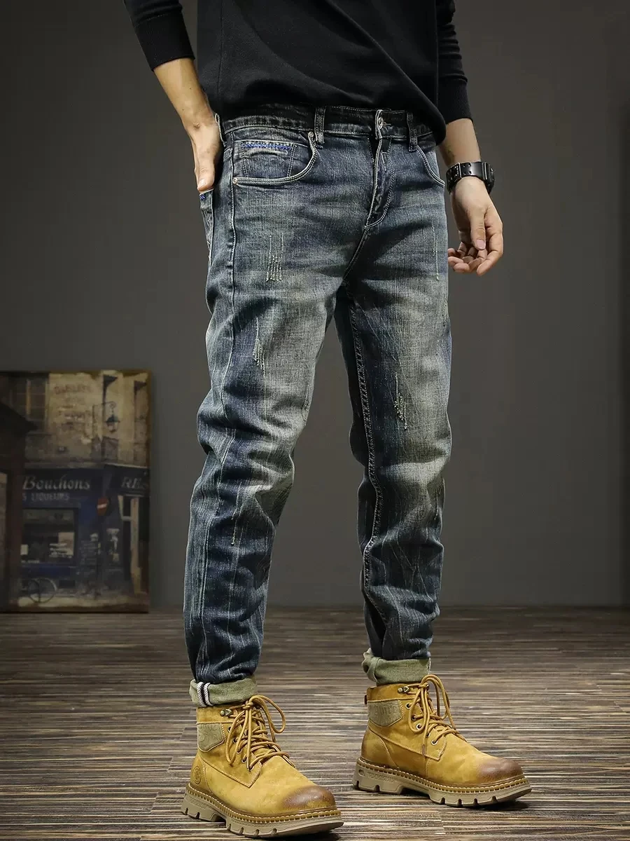 Vintage Fashion Men Jeans Retro Blue Stretch Slim Fit Ripped Jeans Men Classical Trousers Elastic Casual Designer Pants Hombre