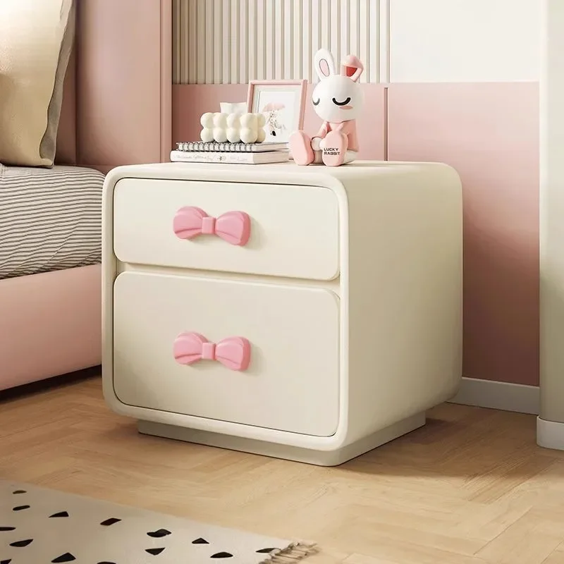 Cream Solid Wood Nightstand Modern Cute Kids Bedroom Storage Cabinet Simple Luxury Multi Layer Edge Table for Girls