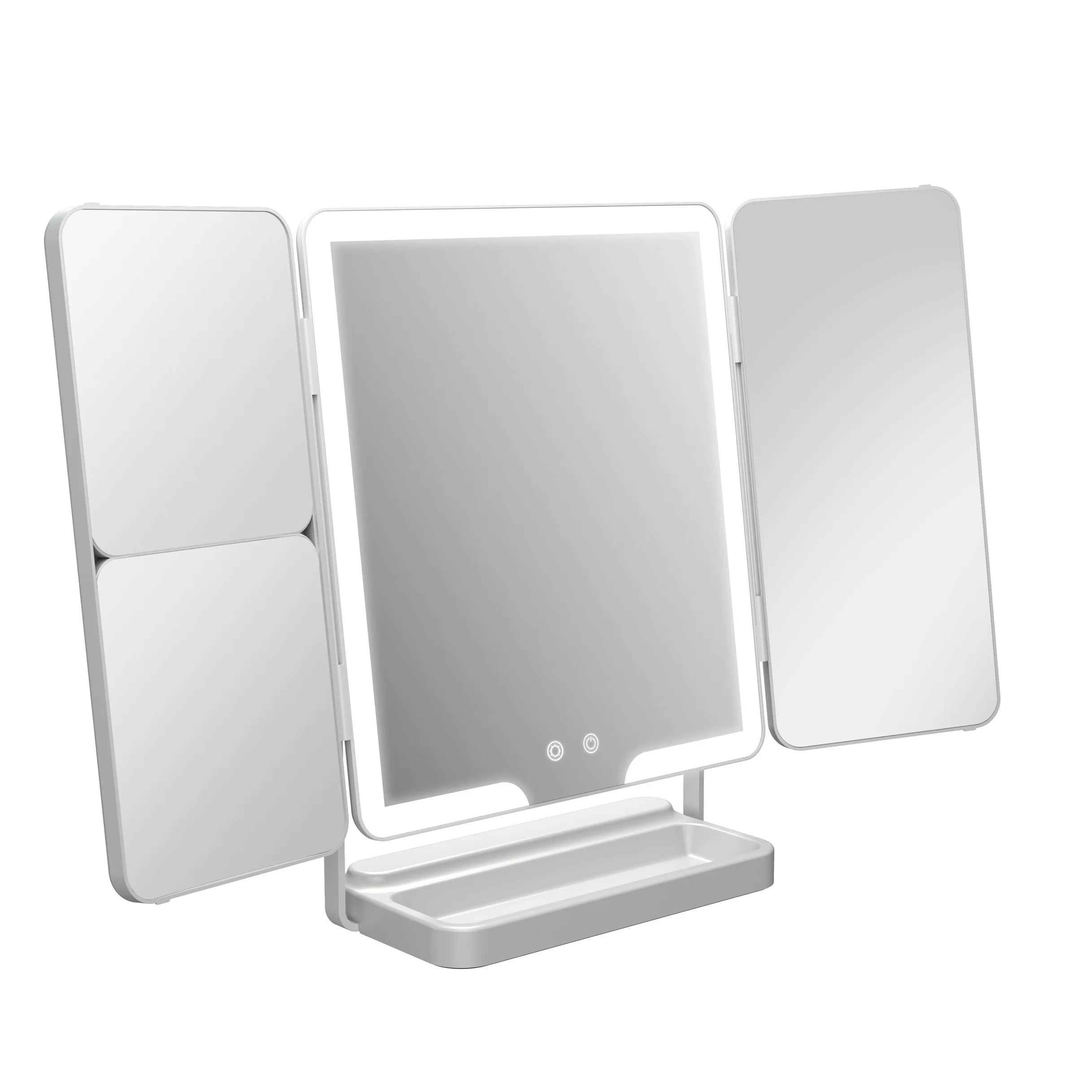 Custom Triple Fold Multifunction Amplifier Foldable Rechargeable Light Emitting Diode Makeup Mirror 3-tone Light Touch Sensor