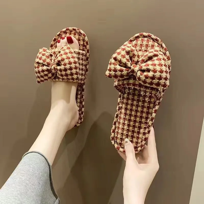 2024 Hot New Bow Flat Linen Slippers Women Wear Indoor Dual Use Ultra Light Ultra Soft Ge Ge Four Seasons Slippers