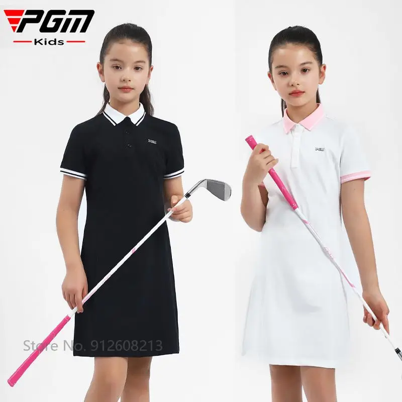 PGM Girls Short-sleeved Golf Polo Shirt Dress Children High Waist Golf Dress Summer Breathable Mesh Skirt Dresses Slim Clothes