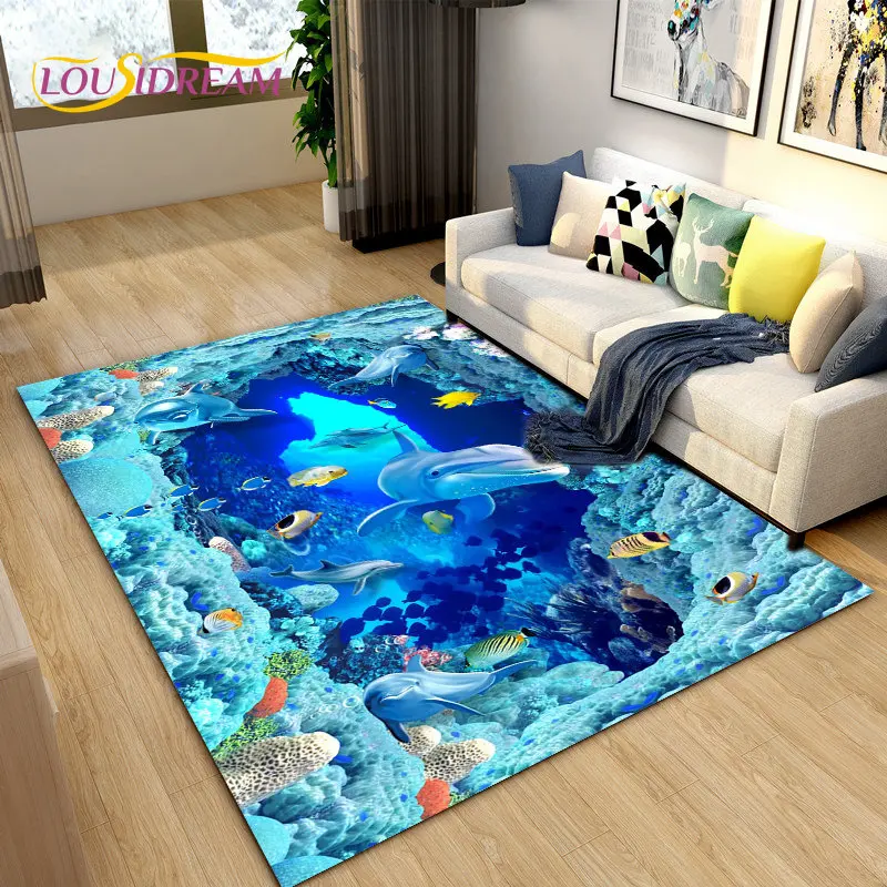 

3D Seabed Illusion Underwater World Dolphin Shark Area Rug,Carpet Rug for Living Room Bedroom Sofa Doormat,Non-slip Floor Mat