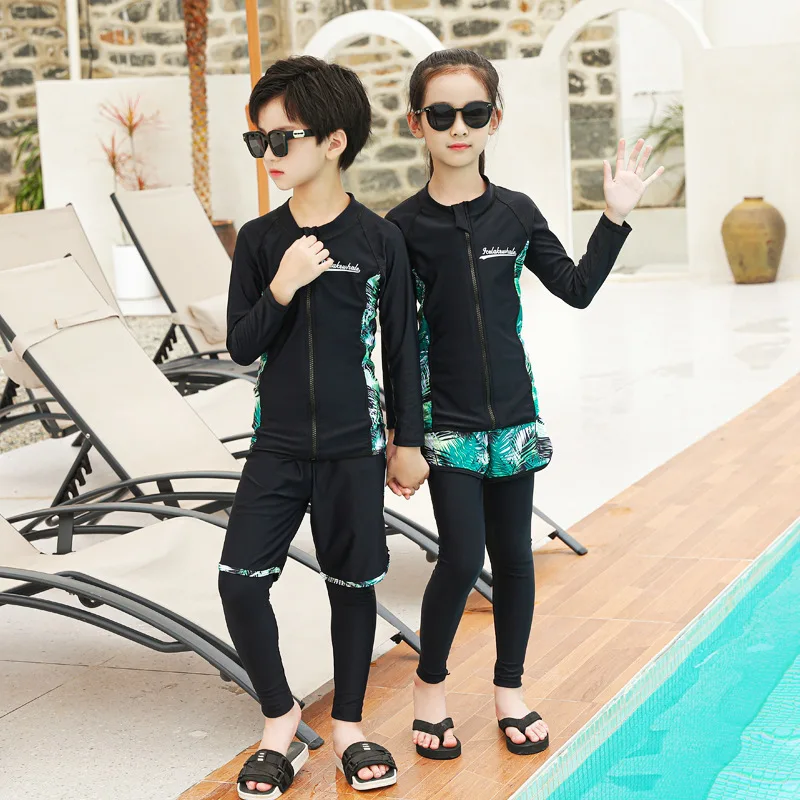 Three Piece Long Sleeve Cover Up Swimwear Korean Beach Wear Kids Girls Boys Swimsuits Patchwork Surf Bathing Suits Shorts Pants