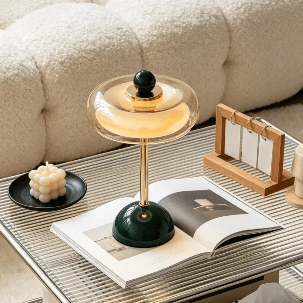 Elegant Multi-Color Desk Lamp Rechargeable Touch Dimming Bedside Lamp Glass Flying Saucer LED Table Lamp Bedside