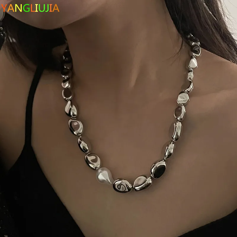 

Irregular Metal Baroque Pearls Necklace Europe and United States Temperament Personality Fashion Chain of Clavicle Ms Jewelr