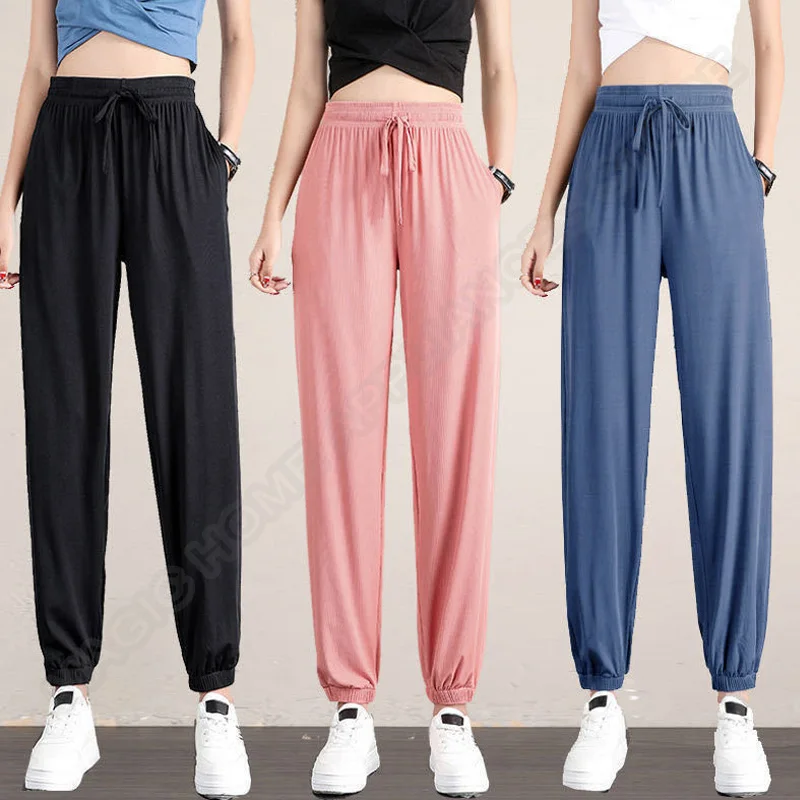 Hot Women\'s Wide Leg Pants Ice Silk Sweatpants Loose Bunched Feet Loose Leggings Thin Casual Sanitary Elastic Slacks Pants