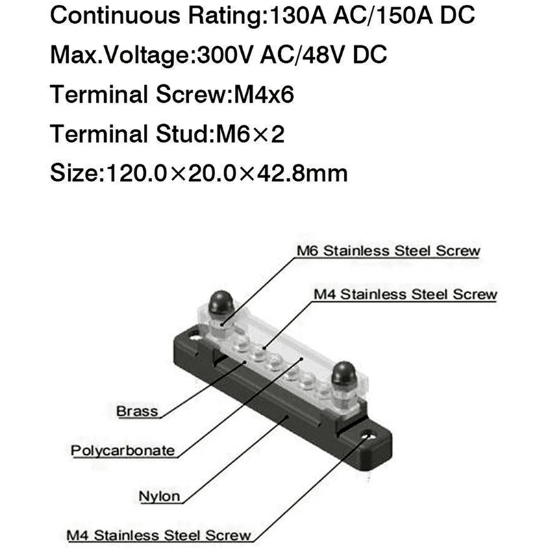 2X 6P Copper Busbar 150A High Current Straight Single Row With Transparent Upper Cover For Marine Circuit Insurance