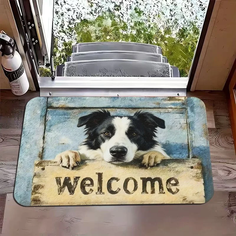 Pet Printed Anti Slip Dust Doormat Border Collie Dog Vintage Floral Style Pattern Floor Rug Indoor Home Entrance Decor Mat