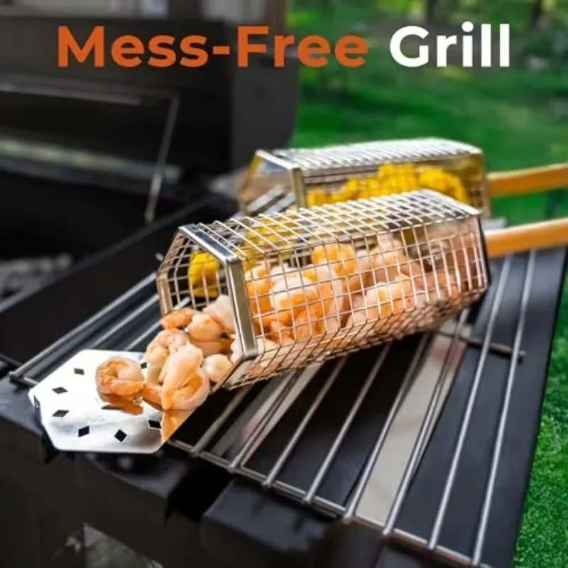 3 PCS  stainless steel barbecue cages for outdoor camping, smoke cages, portable carbon grilled rotating rolling barbecue racks