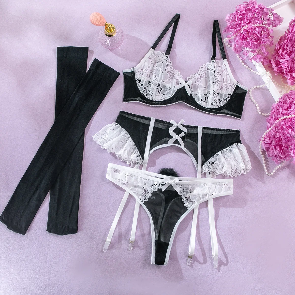 

Sexy Hot Selling Lace Mesh Lingerie Set Women's Sweet Splicing Perspective Nurse Outfit See Though Exotic Apparel Suit Underwear