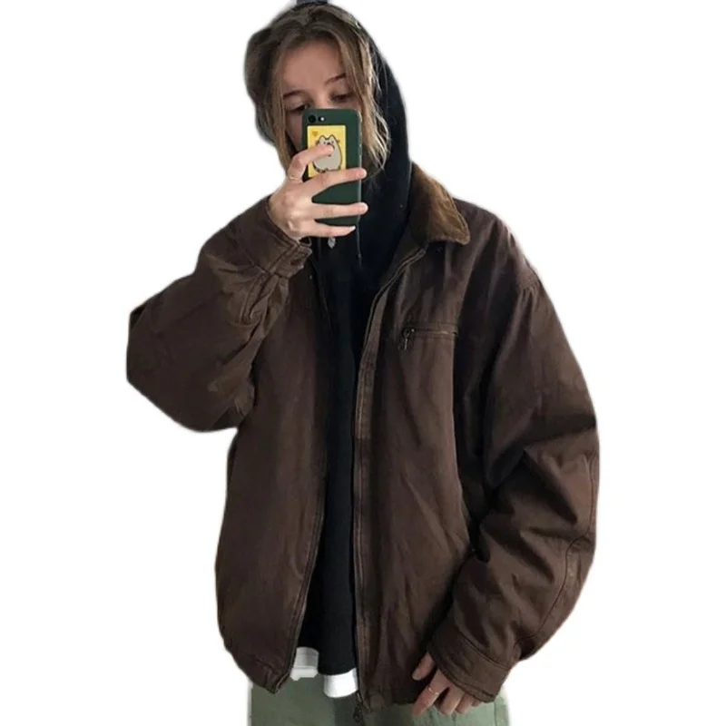 Retro American Thickened Deep Brown Collar Cotton Jacket Women's Trendy INS Autumn Winter Outerwear Versatile Street Style
