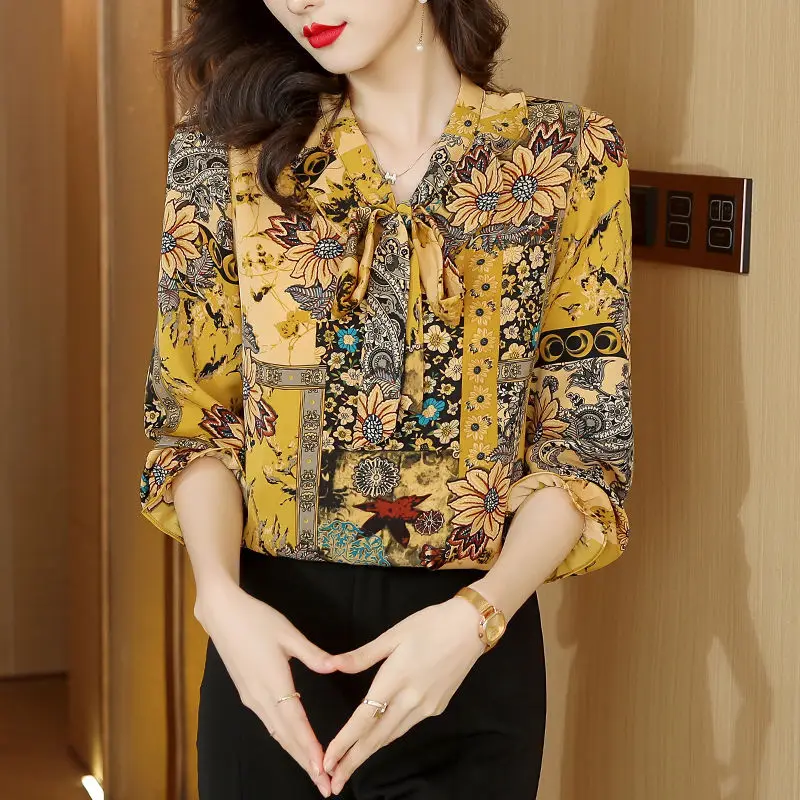 Office Lady V-Neck Stylish Drawstring Bow Shirt Vintage Floral Printed Folk 2023 Spring Autumn Women's Clothing Straight Blouse