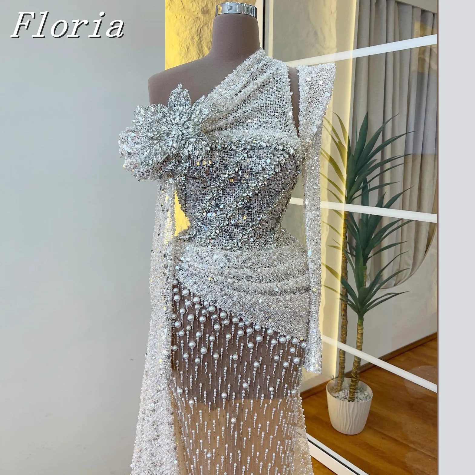 

Full Pearls Hand Made 3D Flower One Shoulder Evening Prom Dresses Tulle Wedding Guest Dress Celebrity Dresses Customized