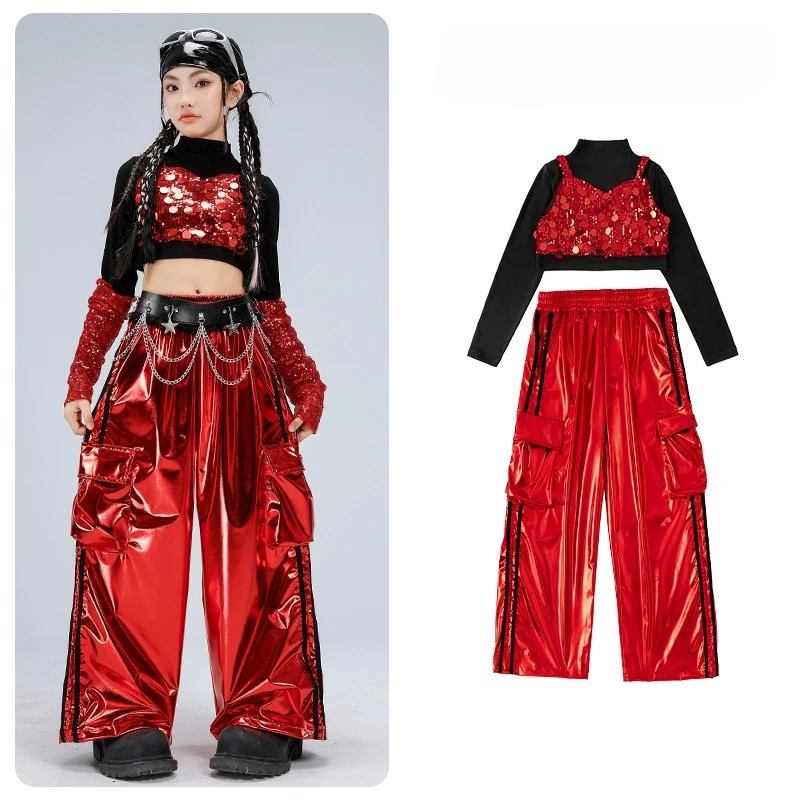 새로운 소녀 재즈 댄스 의상 빨간색 스팽글 댄스복 세트 크롭 긴팔 상의 헐렁한 바지 그룹 케이팝 댄스 무대 공연복