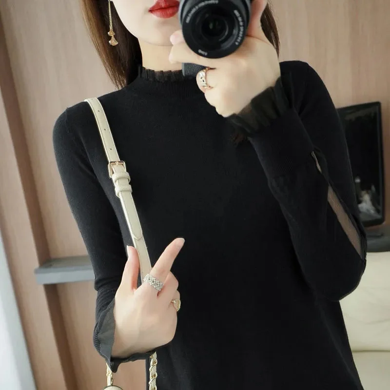 

Корейский женский пуловер с длинными рукавами, трикотажные топы, осенний женский модный кружевной лоскутный вязаный свитер 2025 г., женский однотонный свитер