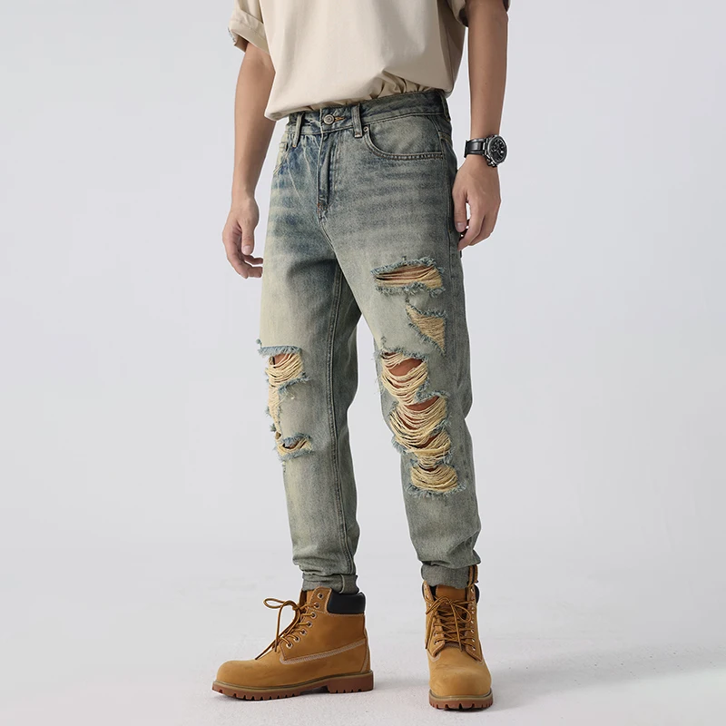 European and American  2024 New Loose Straight  Summer Thin Style Summer Jeans Beggar Ripped Jeans Men Clothing  Baggy Jeans