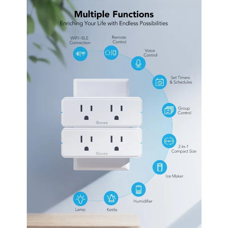 

Двойная интеллектуальная вилка, 4 шт., розетка Wi-Fi Bluetooth на 15 А, работает с Alexa и Google Assistant, компактный дизайн 2-в-1, Govee Home