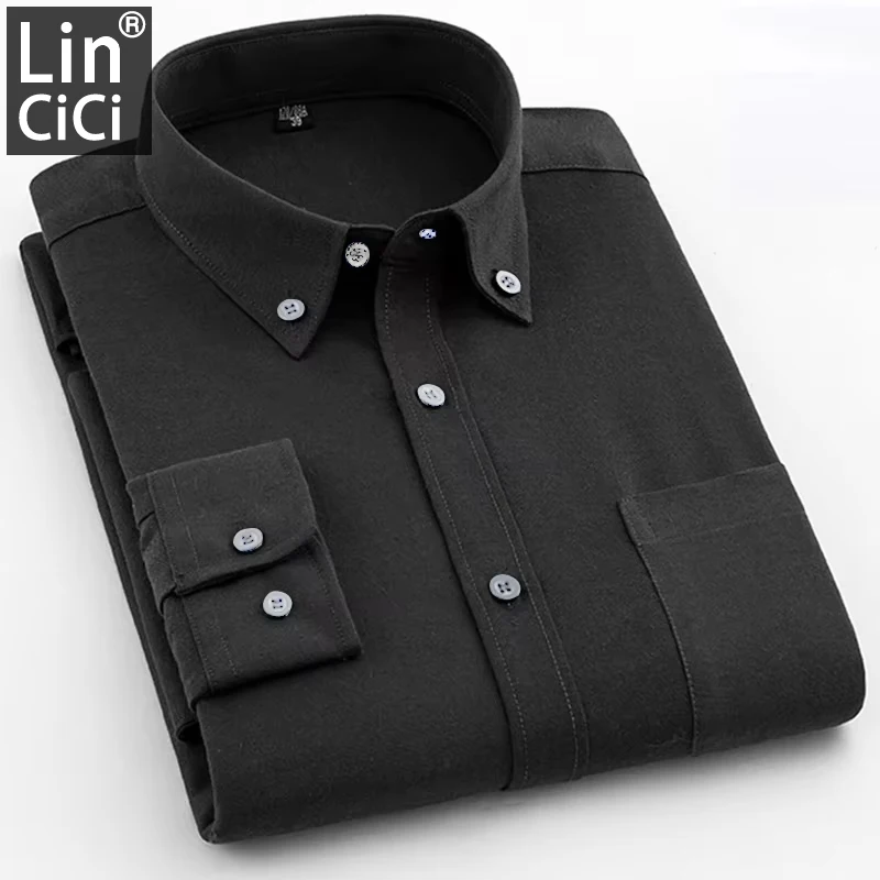 

2023 Spring and Autumn Men's Shirt Oxford Cotton Fabric Shirt Long Sleeve Solid Color Polo Neck Shirt Business Casual Fit Top