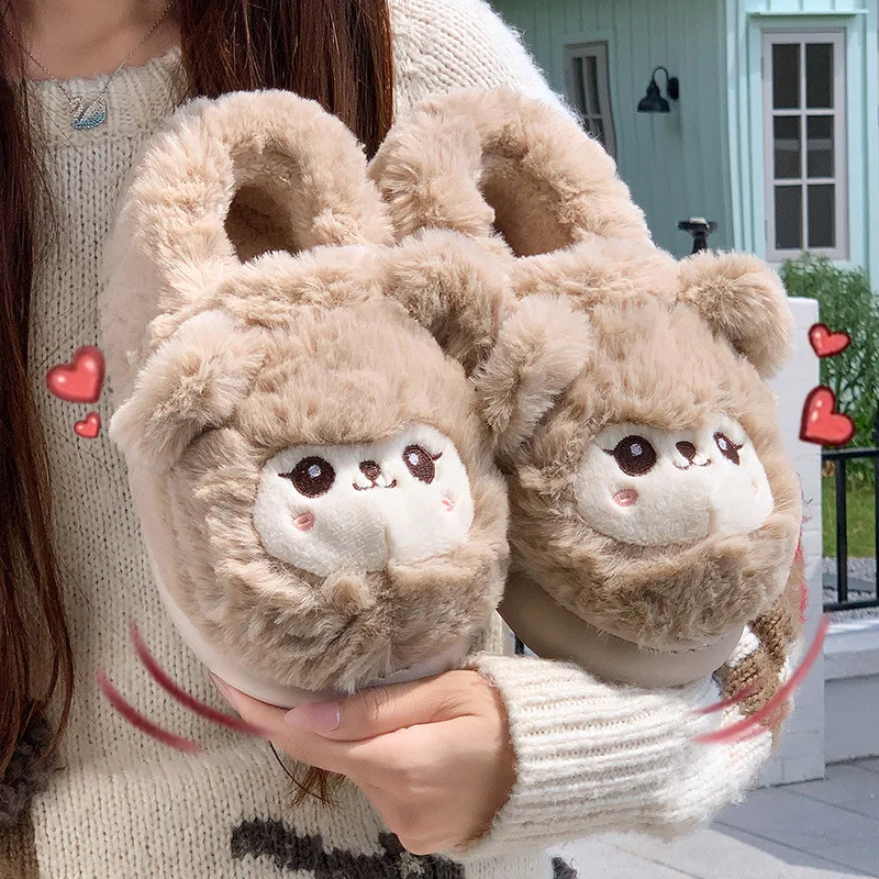 귀여운 작은 양 여성용 슬리퍼 가을 & 겨울 실내용 논슬립 두꺼운 밑창 신발 커플용 두꺼운 따뜻한 플러시 슬리퍼 선물