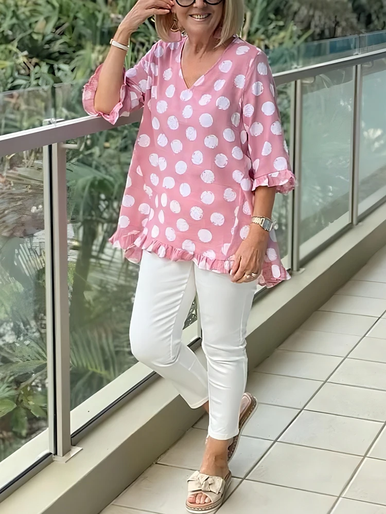 

Summer Women's Mid Sleeve Casual Style Polyester Material 2025 New Fashion V-neck Polka Dot Printed Ruffle T-shirt