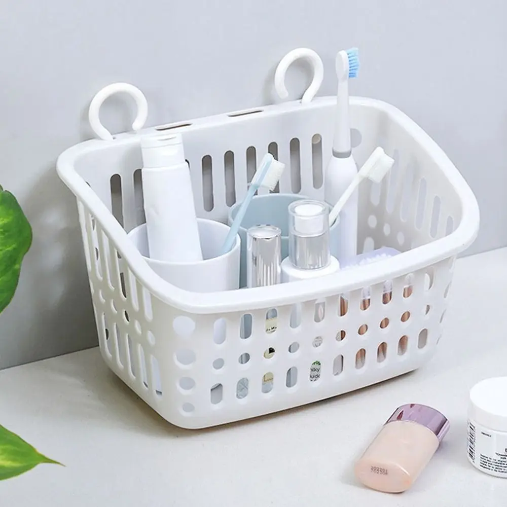 Portable Plastic Hanging Storage Basket Stretchable White Bath Basket Wall Hanging with Hook Sundries Hanging Basket Bathroom