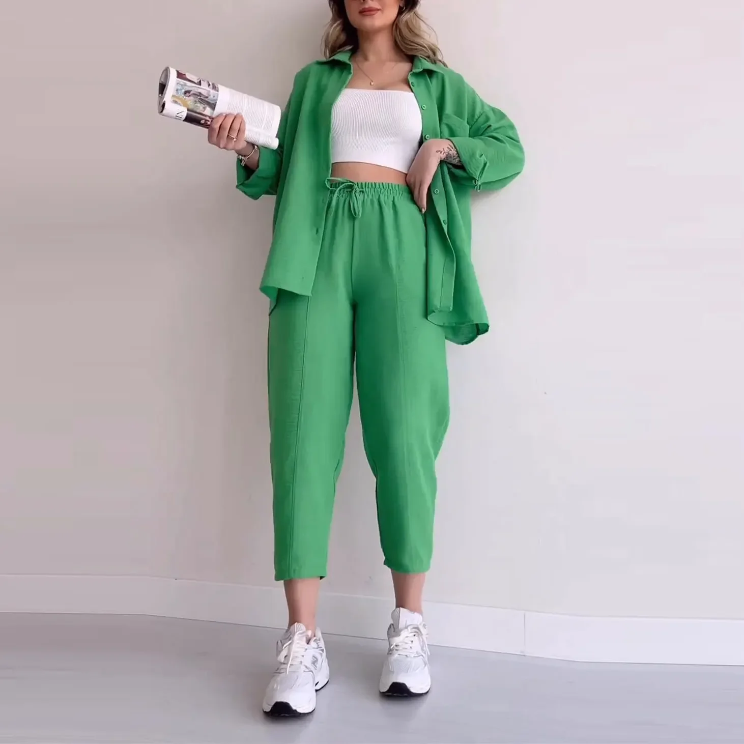 Pant Sets Women Solid Two Pieces Set Long Sleeve Cropped Button Shirt Loose Wide Leg Trouser Work Sporty Suits Y2k Streetwear