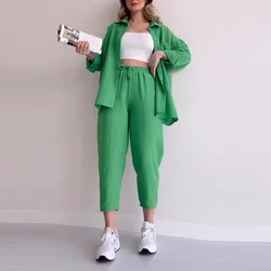 Set di pantaloni donna solido due pezzi Set manica lunga bottone corto camicia pantaloni larghi gamba larga lavoro abiti sportivi Y2k Streetwear