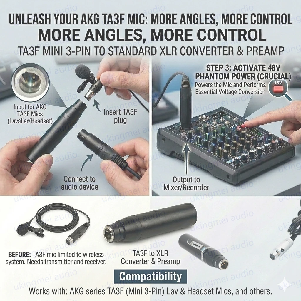 

TA3F Mini 3Pin to XLR Microphone Converter for AKG Lavalier Headset Mics 48V to 5V Adapter Direct to Audio Mixer Wired Solution