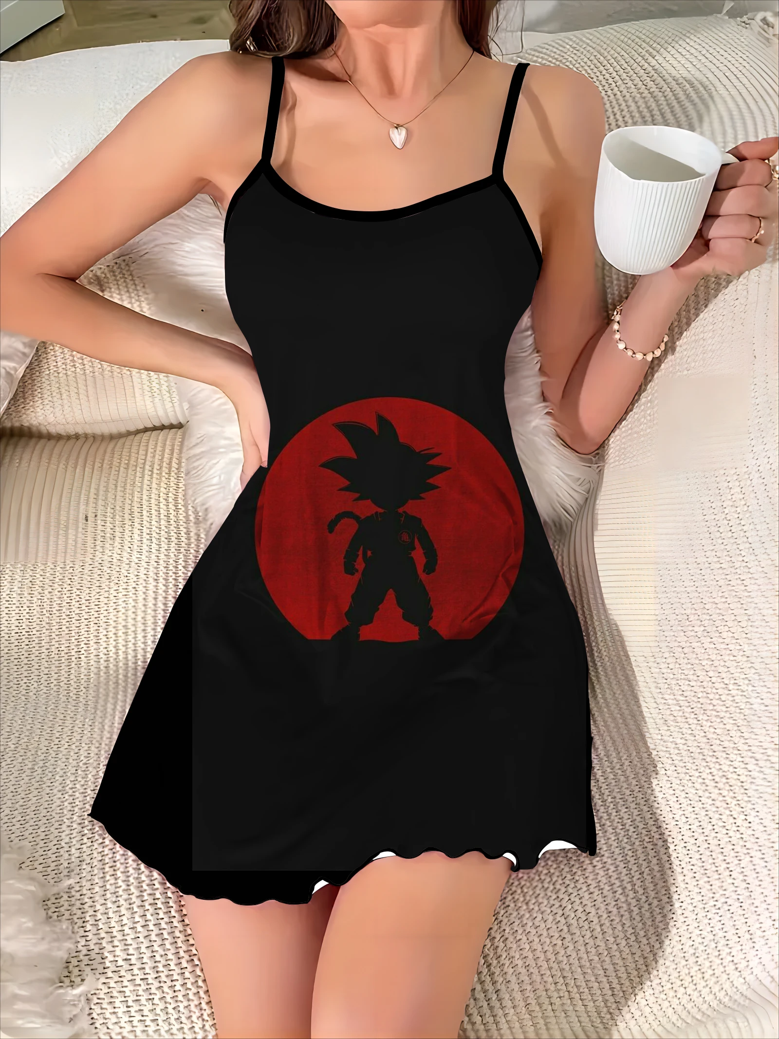 Fashion Summer Dresses 2024 Slip Dress Vegeta Crew Neck Son Goku Dragon Ball Satin Surface Lettuce Trim Elegant Women Chic Mini