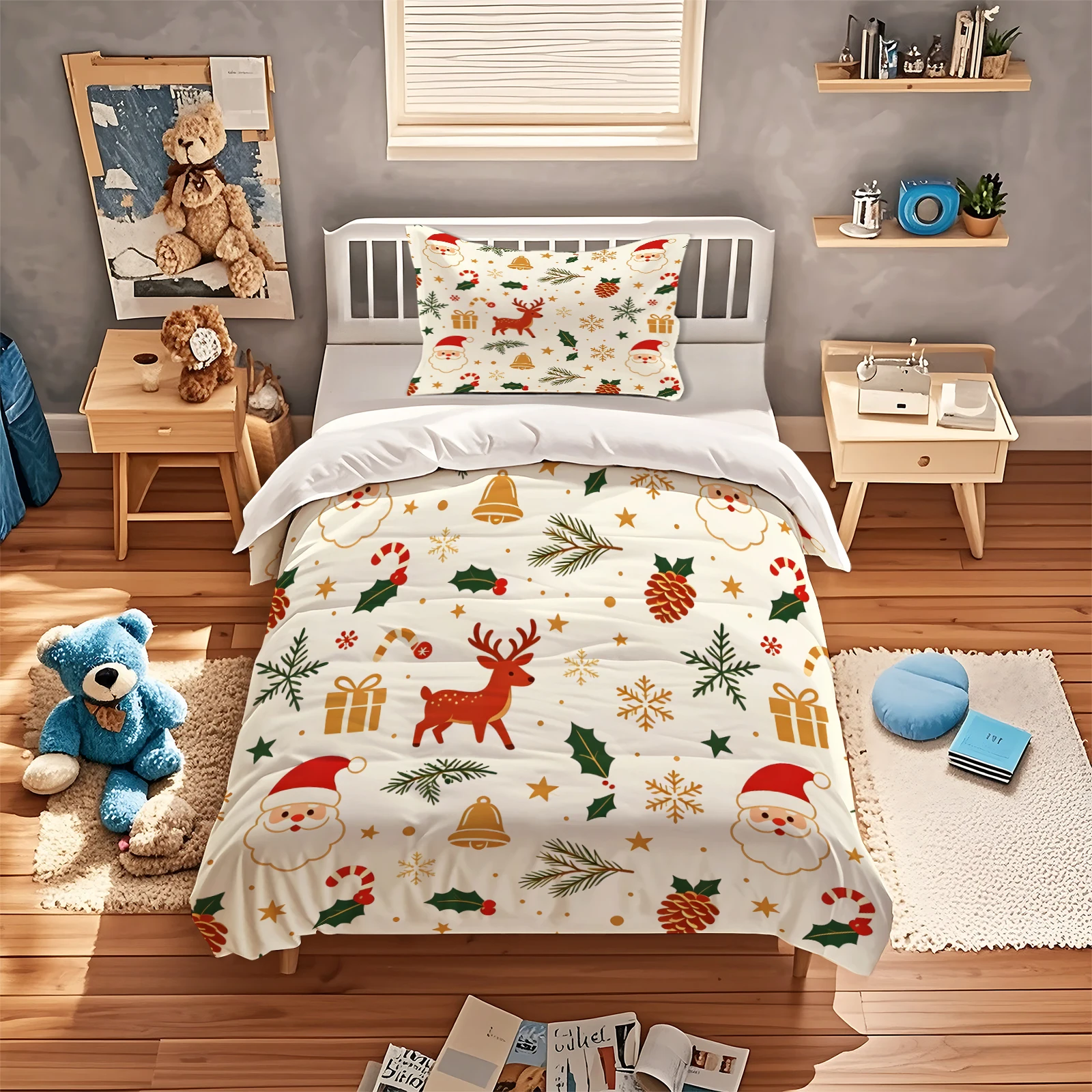 Christmas Duvet Cover Set Santa Claus Reindeer Bell Gift Snowflake Print Bedding Set Soft Breathable Quilt Cover With Pillowcase