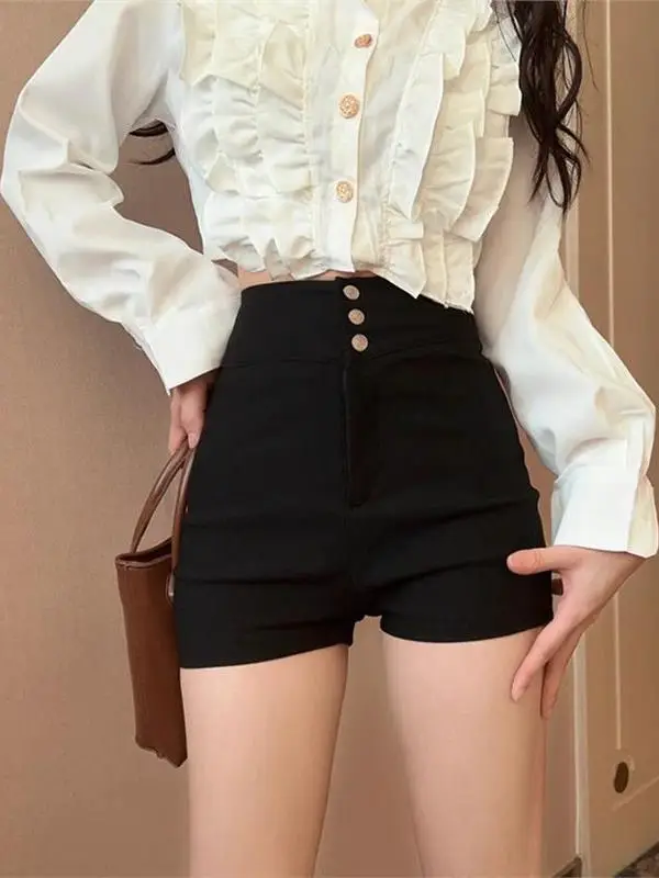 

Черные эластичные укороченные брюки с высокой талией для женщин, летний комплект, маленький размер, А-силуэт, утягивающие, повседневные, прямые штанины