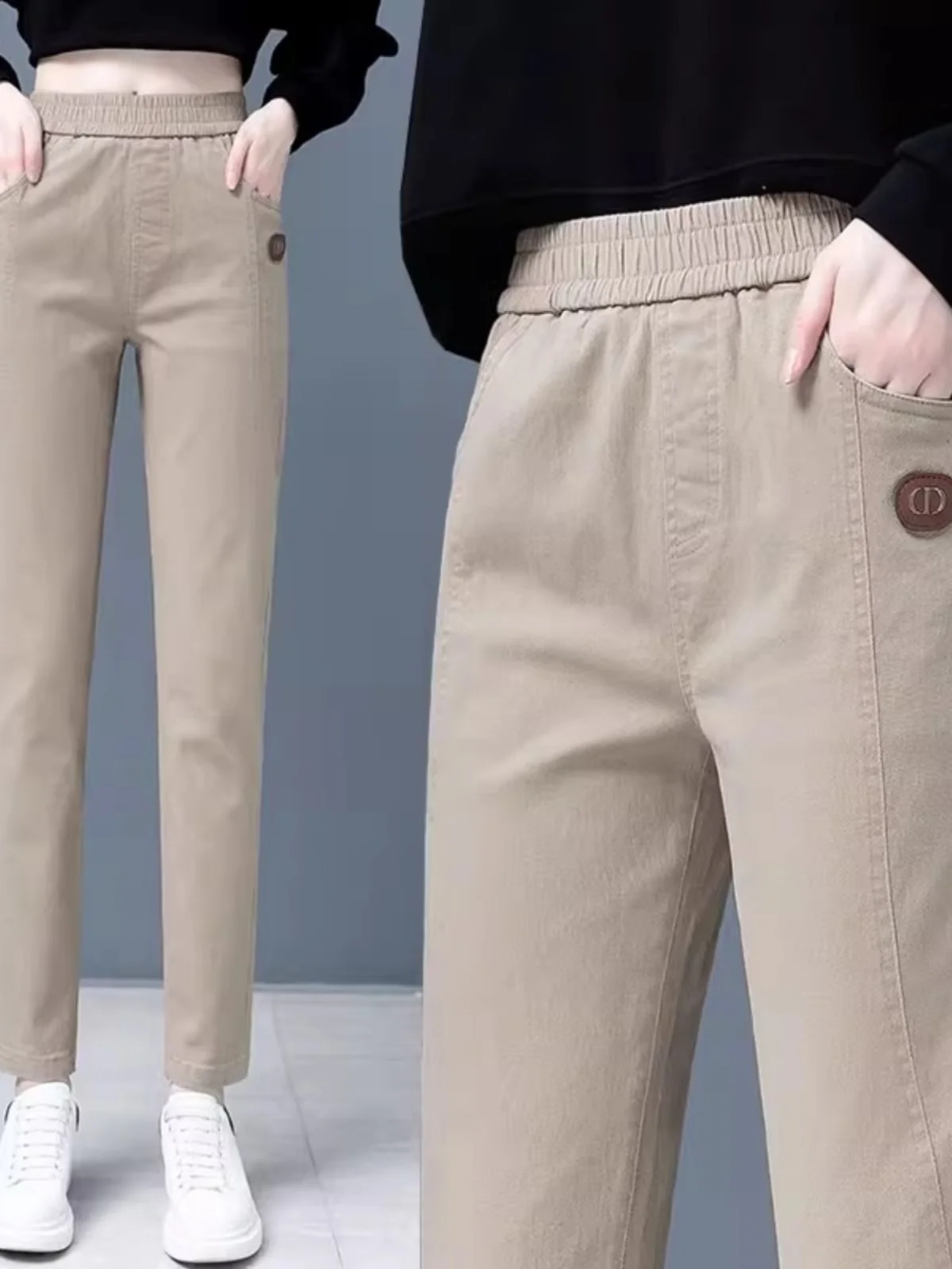 

Новые осенние женские хлопковые прямые брюки с эластичной резинкой на талии, утягивающие повседневные брюки небольшого размера с высокой талией, модные Harajuku...