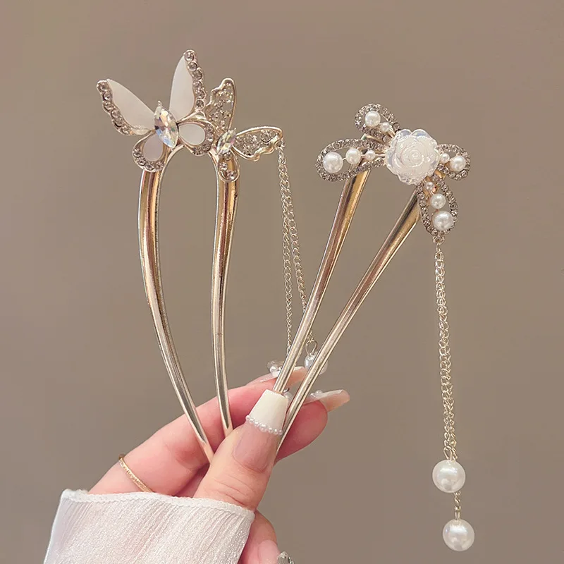 مشبك شعر رائع على شكل حرف U من اللؤلؤ للنساء، عصا شعر مجعدة ثابتة، مشبك شعر لحفلات أعياد الميلاد