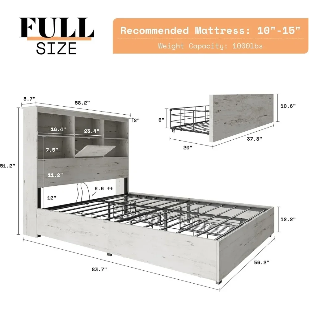 4 Storage Drawers & Charging Station/No Box Spring Needed/Noise Free/Distressed White Bed Bases and Frames Bedroom Furniture