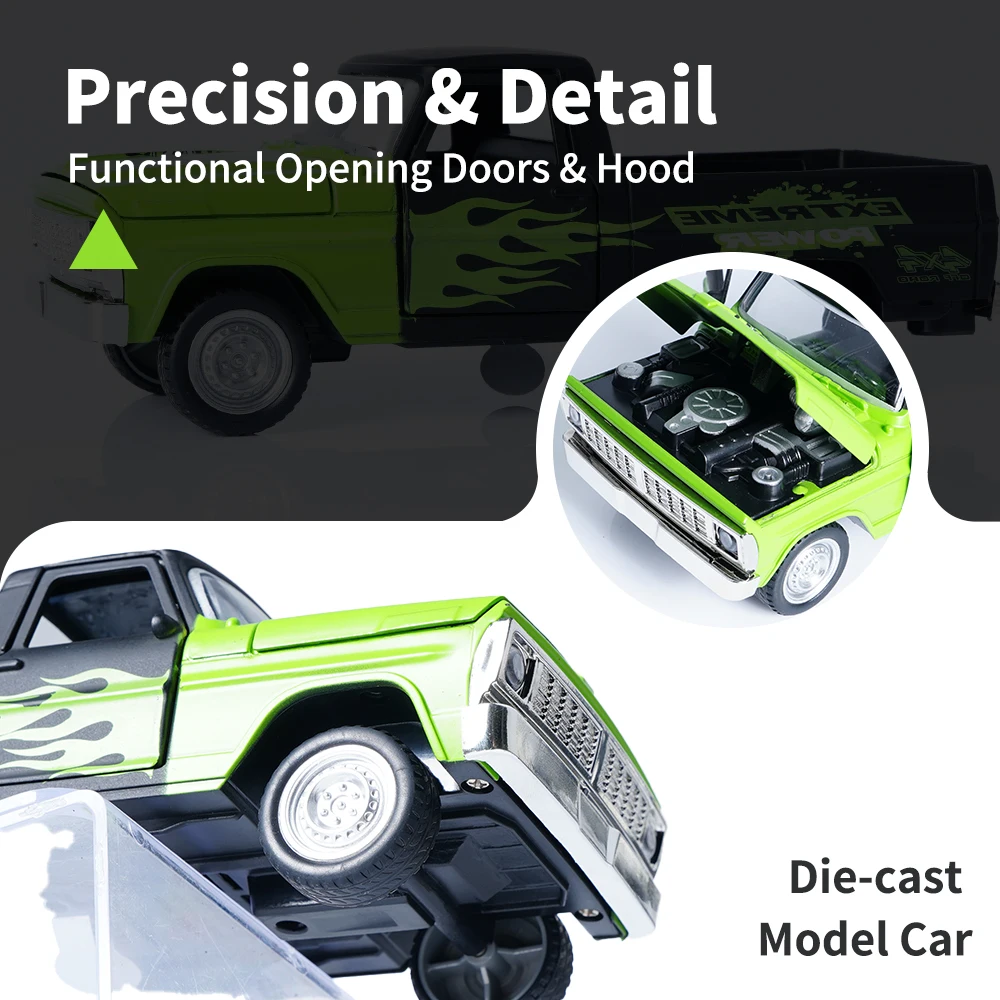 Re pickup in lega verde fluorescente 1:24! Il corpo retrò + Flame Latte Art e il cofano dell'auto può essere aperto e iniziato in pochi secondi, gioca come una carta in pelle, un ventilatore per auto/festa di raccolta non mancante: maneggiano la passione fuoristrada" tenendo la mano