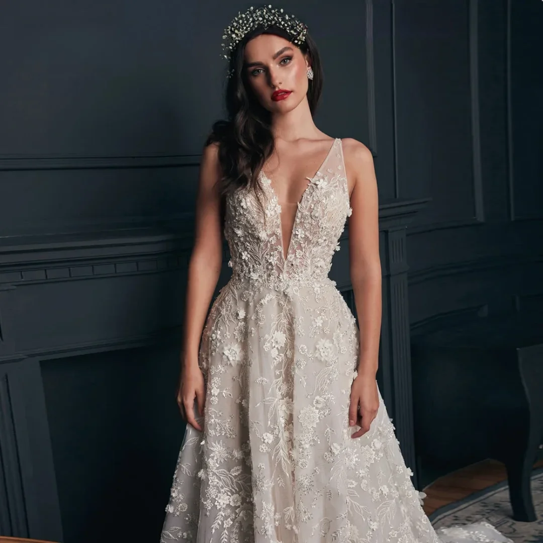 

Роскошные свадебные платья трапециевидной формы по индивидуальному заказу, с v-образным вырезом, без рукавов, Vestido De Novia, кружевные аппликации, цветы, шикарное свадебное платье