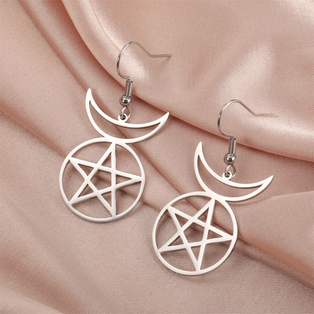 Eueavan Hexerei Pentagramm Ohrringe Edelstahl Halbmond Pentakel Tropfen-Ohrringe Damen Schutzamulett Schmuck Geschenk – Detail 9