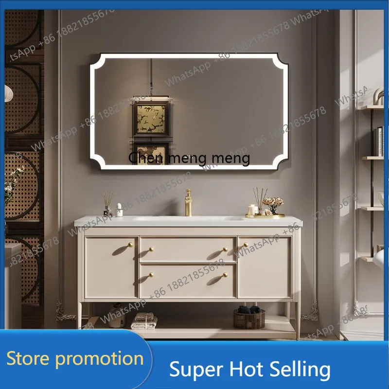 

A6239 Французский ретро шкаф для ванной комнаты, комбинированная дубовая каменная плита, горячий изгиб, встроенная раковина, умывальник, напольный тип