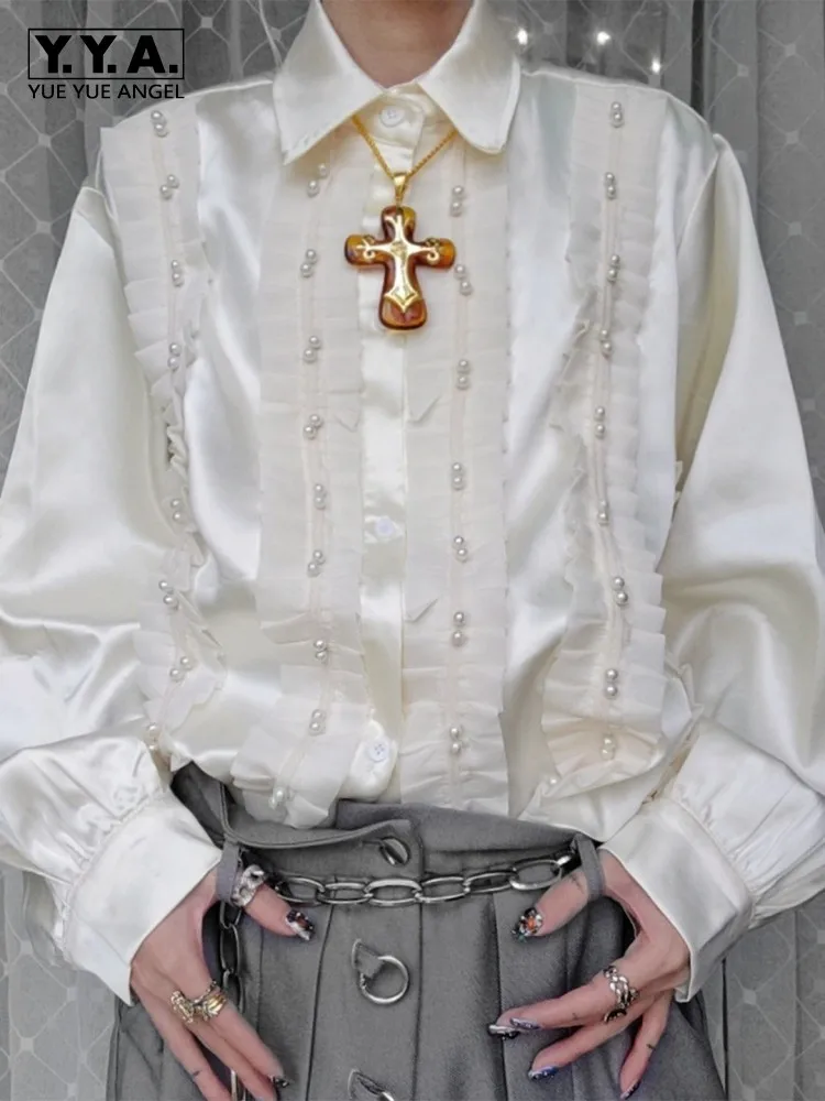 

Женская свободная плиссированная блузка с кружевом и жемчугом, с длинным рукавом, для сцены и вечеринок, в придворном стиле, однотонная, с отложным воротником