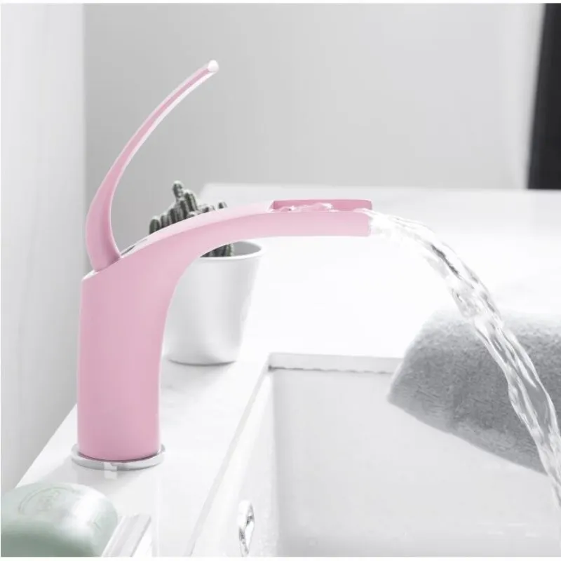 Pink Love Color Waterfall Faucet Bathroom Faucet Hot and Cold Basin Mixer Tap Faucet Brass Sink Wash Crane Basin Faucets