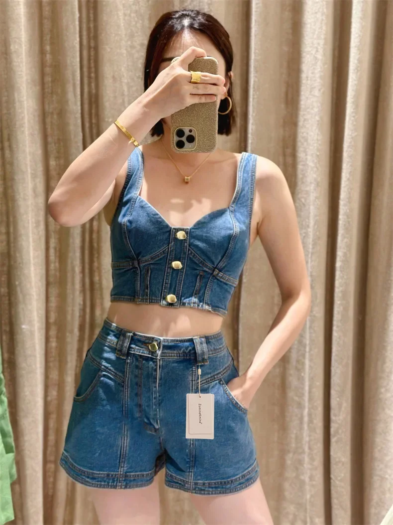 

Niche 2023 new Spice Girl denim suit sexy short style suspender vest high waist shorts two-piece female