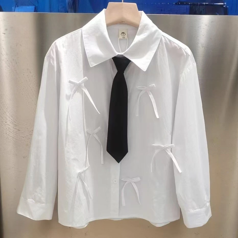 

2025 new girls shirt spring autumn children's tops college bow cotton white lining