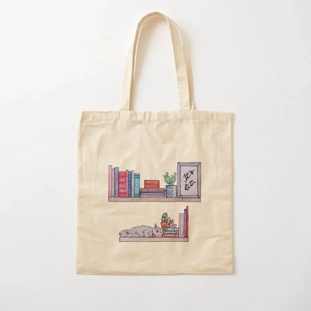 

Watercolor Library Lovers Bookshelf with cat books It's lit Tote Bag Gift bag Cloth bags Women's shopping bag