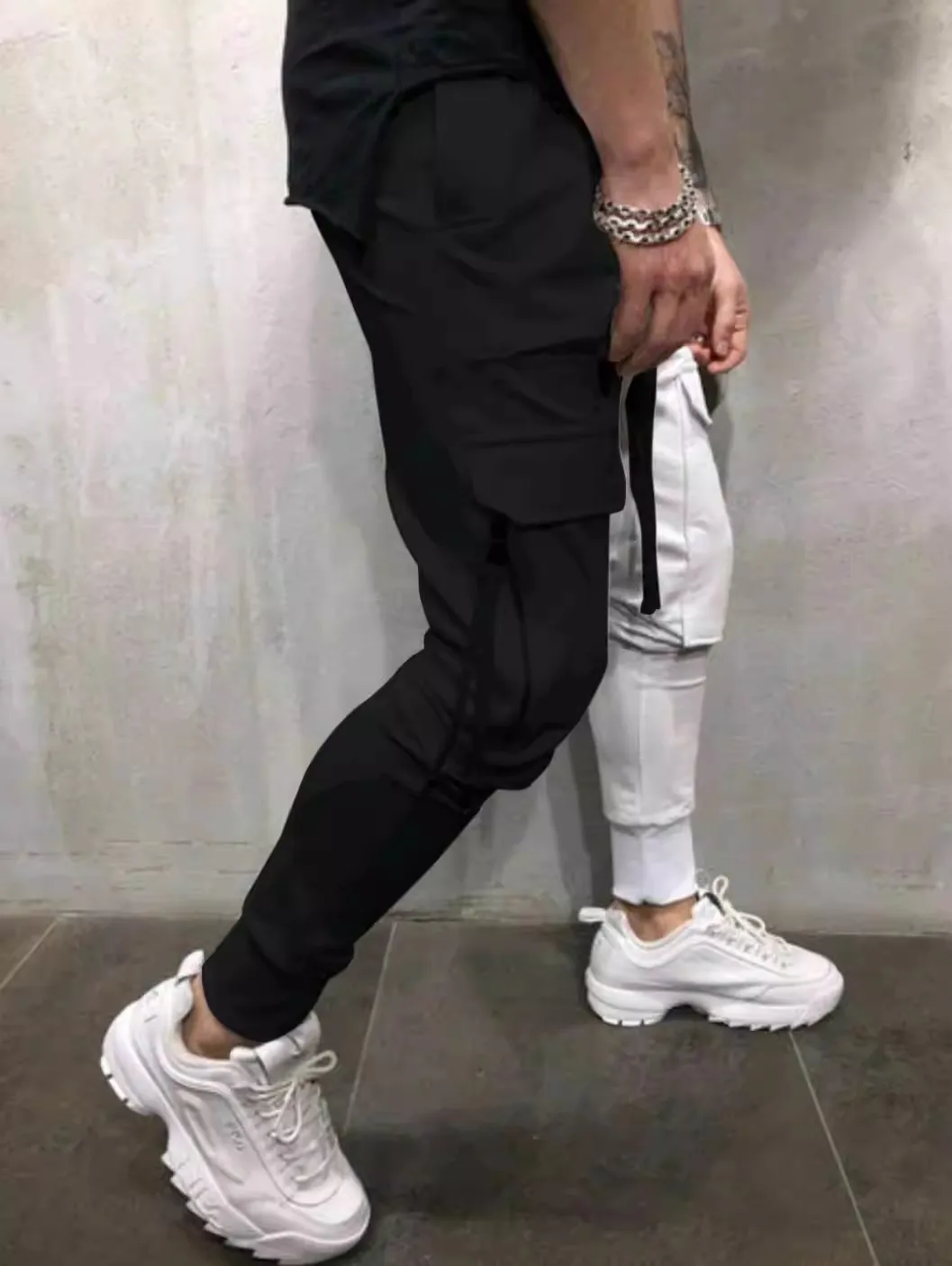 Mens Y2K Streetwear Black White Patchwork Cargo Pants Men HIp Hop Multiple Pockets Trousers Vintage Long Pants Pantalones Hombre