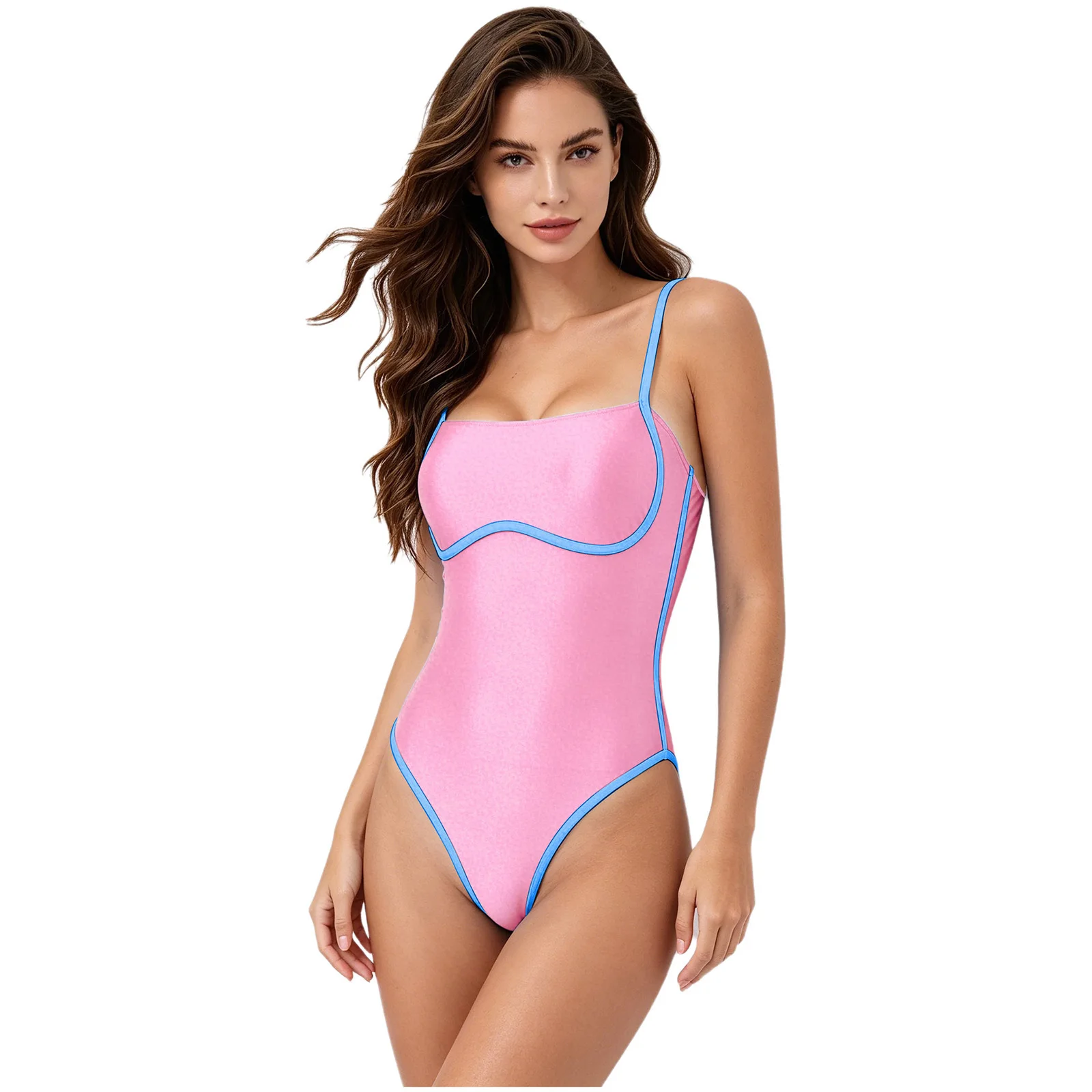 Womens Satin Bodysuit Monokini Swimwear Underwire High Cut Swimsuit Edges Square Neck Adjustable Straps One Piece Bathing Suit