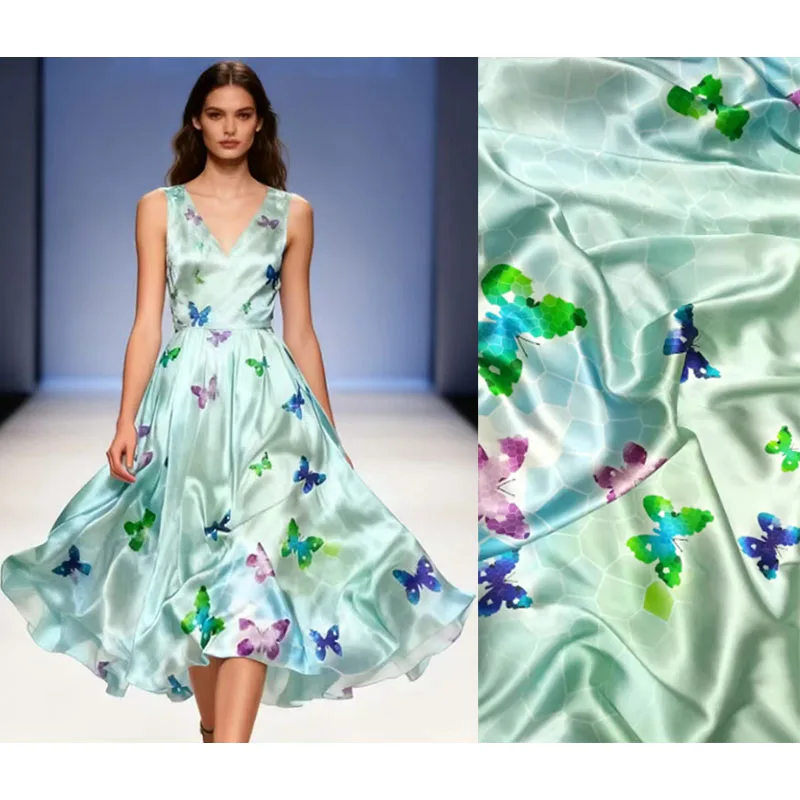 

Super Hollandais Woven Heavy Real Silk Satin Fabric Material for Clothing Shirt Blouse Dress Butterfly Printed Textile Wholesale