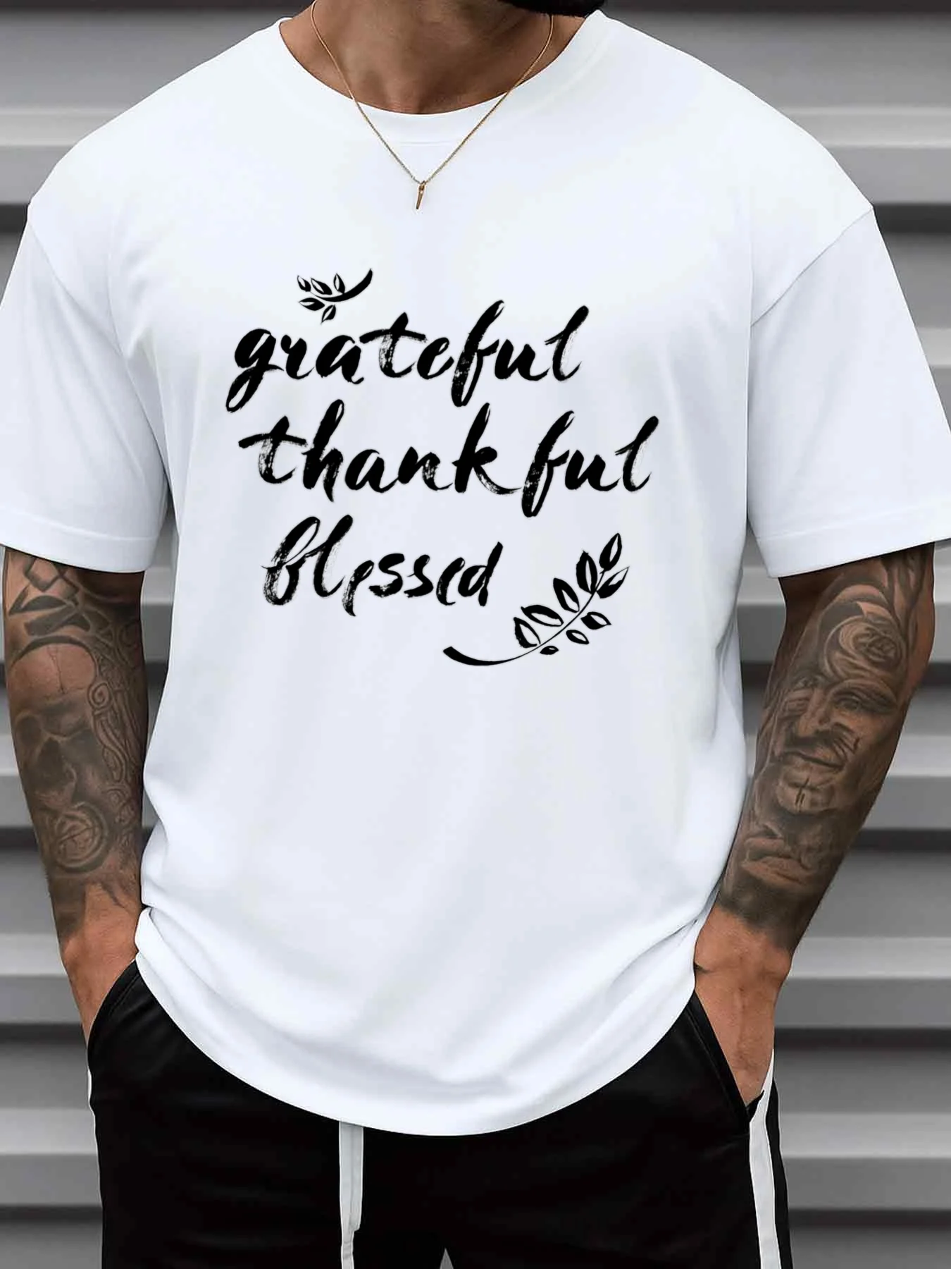 Men's Plus Size 3XL Thanksgiving Blessings Theme T-Shirt - White Faith Apparel Short Sleeve Casual Crew Neck Shirt, Featuring Durable Digital Printing, Suitable for Church, Daily Wear, and Gift Giving