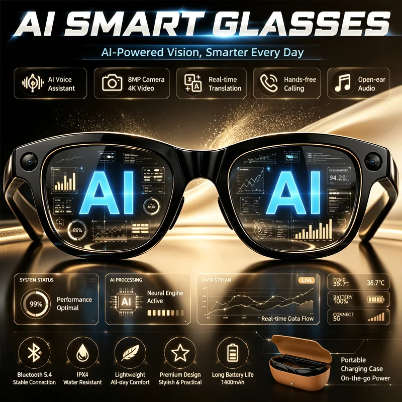 800W Camera Smart Glasses BT5.3 Dual Chip Convenient Charging Compartment 1400mAh Large Capacity Battery 4K HD Smart Glasses