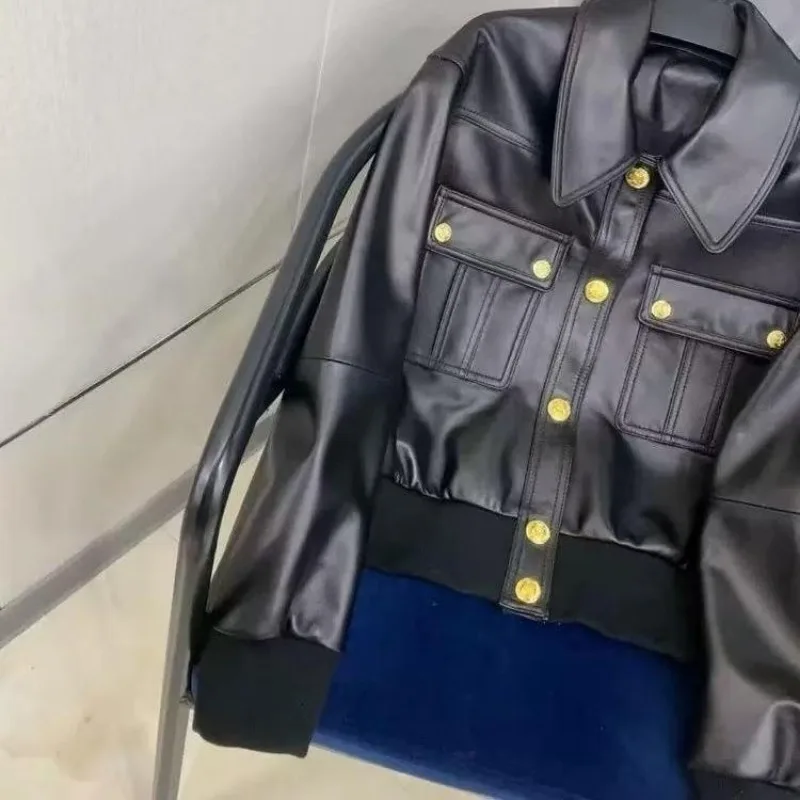 Luxury Women's Black Leather Jacket PU Leather Coat Spring Autumn Metal Button Pocket Outerwear Streetwear Short Top Long Sleeve