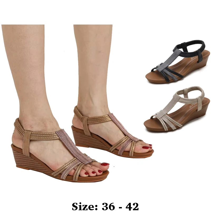 

High quality leather flat sandals for women wedge 5cm mid heel summer 2025 36 42 open toe vintage beach shoe black gold brown